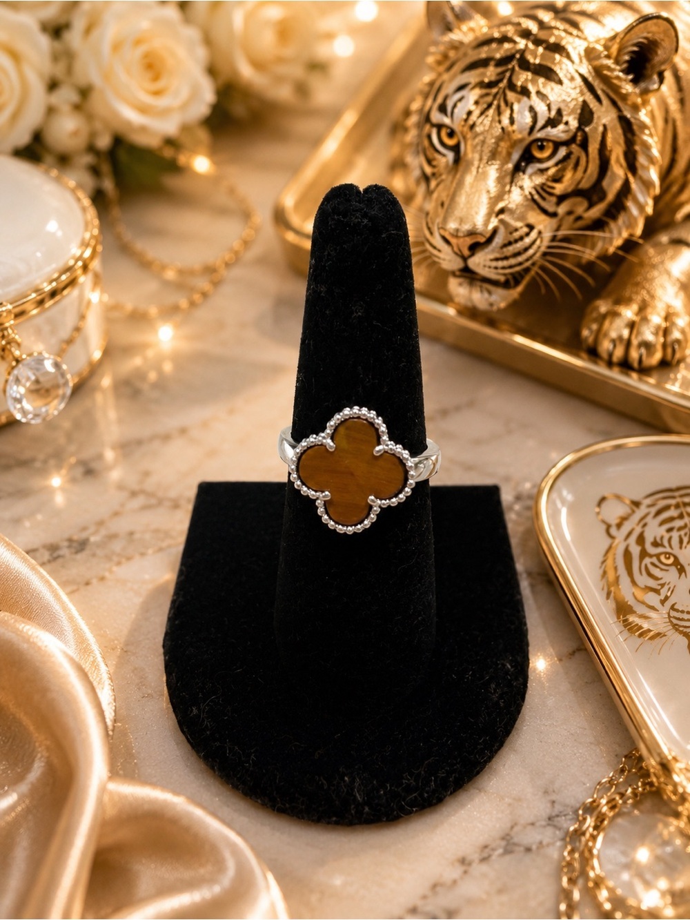 🤎 Tiger Eye Clover Ring | Silver Tone | Size 8